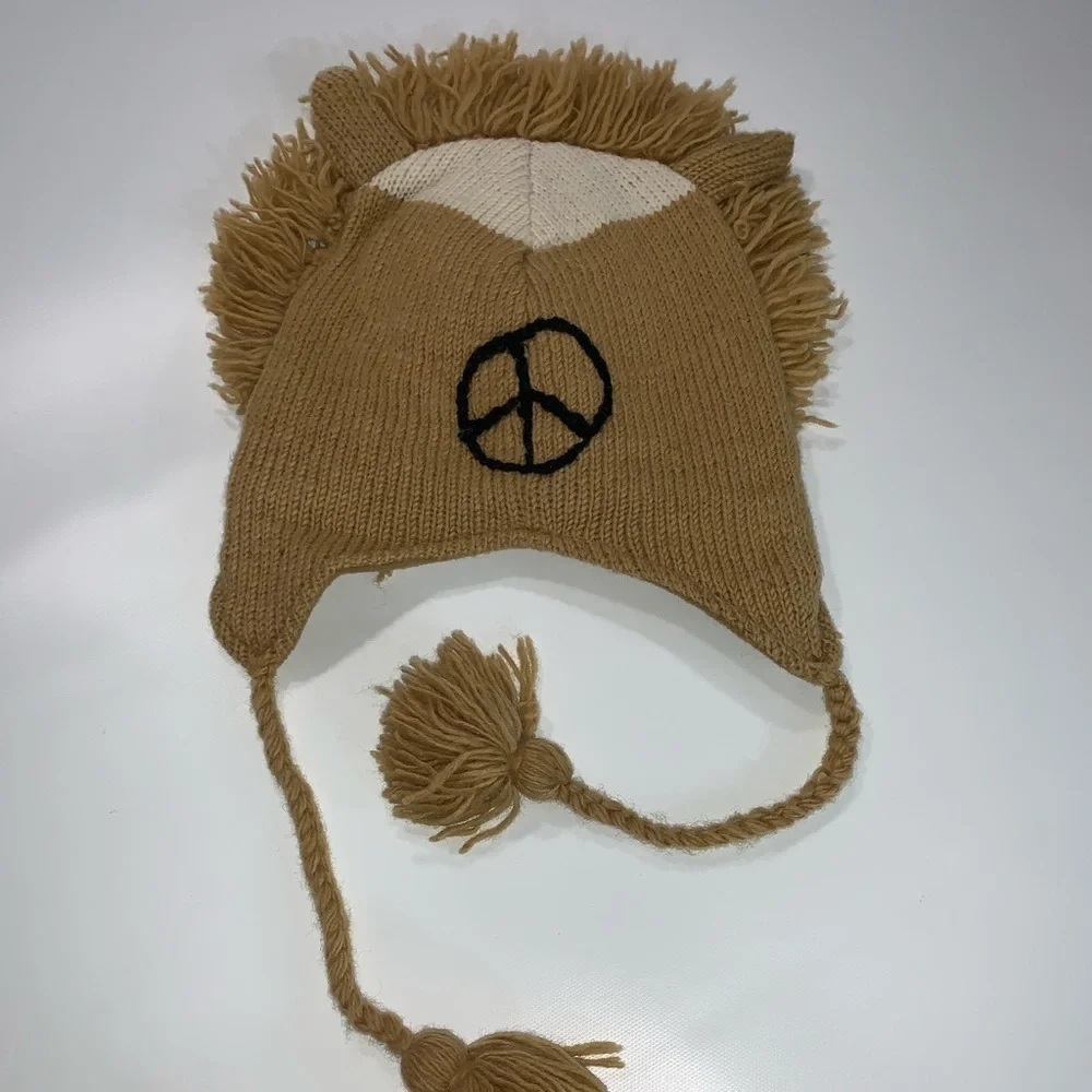 Lion Beanie Peace 100% Wool Large Warm Cozy Zoo Animal Theme Brown Khaky
